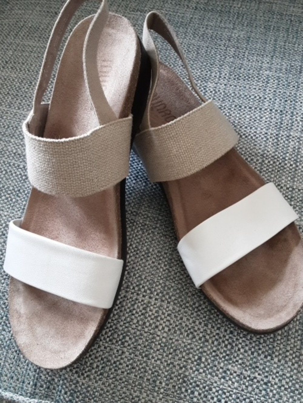 Munro-Pisces Sandal Slingback White Leather Strap & Tan Elastic Strap-10 Narrow